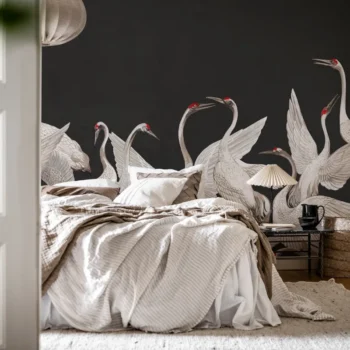 Soaring Cranes Black Mural