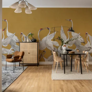 Soaring Cranes Yellow Mural