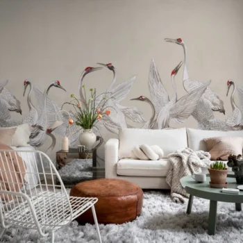 Soaring Cranes Beige Mural